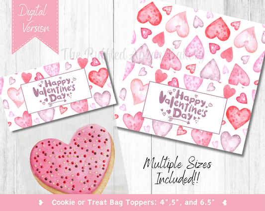 Happy Valentine's Day Watercolor Hearts Cookie Bag Topper